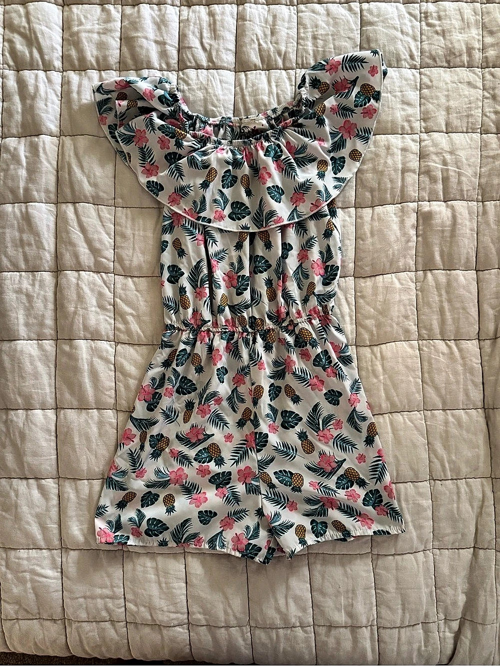 Jenna & Jessie Floral Ruffle Romper in White & Green Girls Size 10